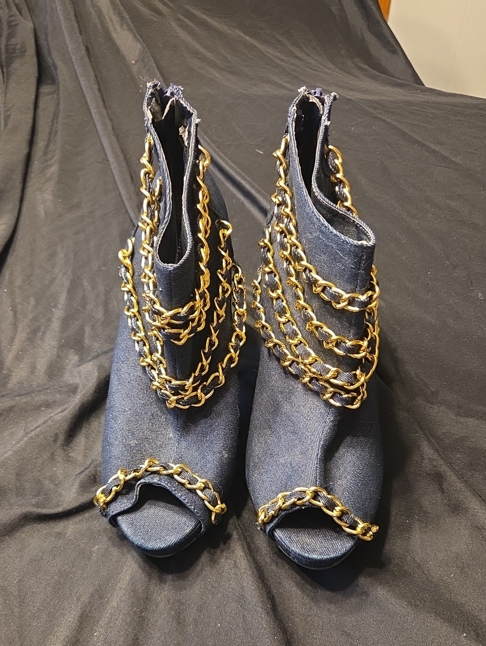 Fahrenheit Navy Open-Toe Ankle Boots with Gold Chain Trim